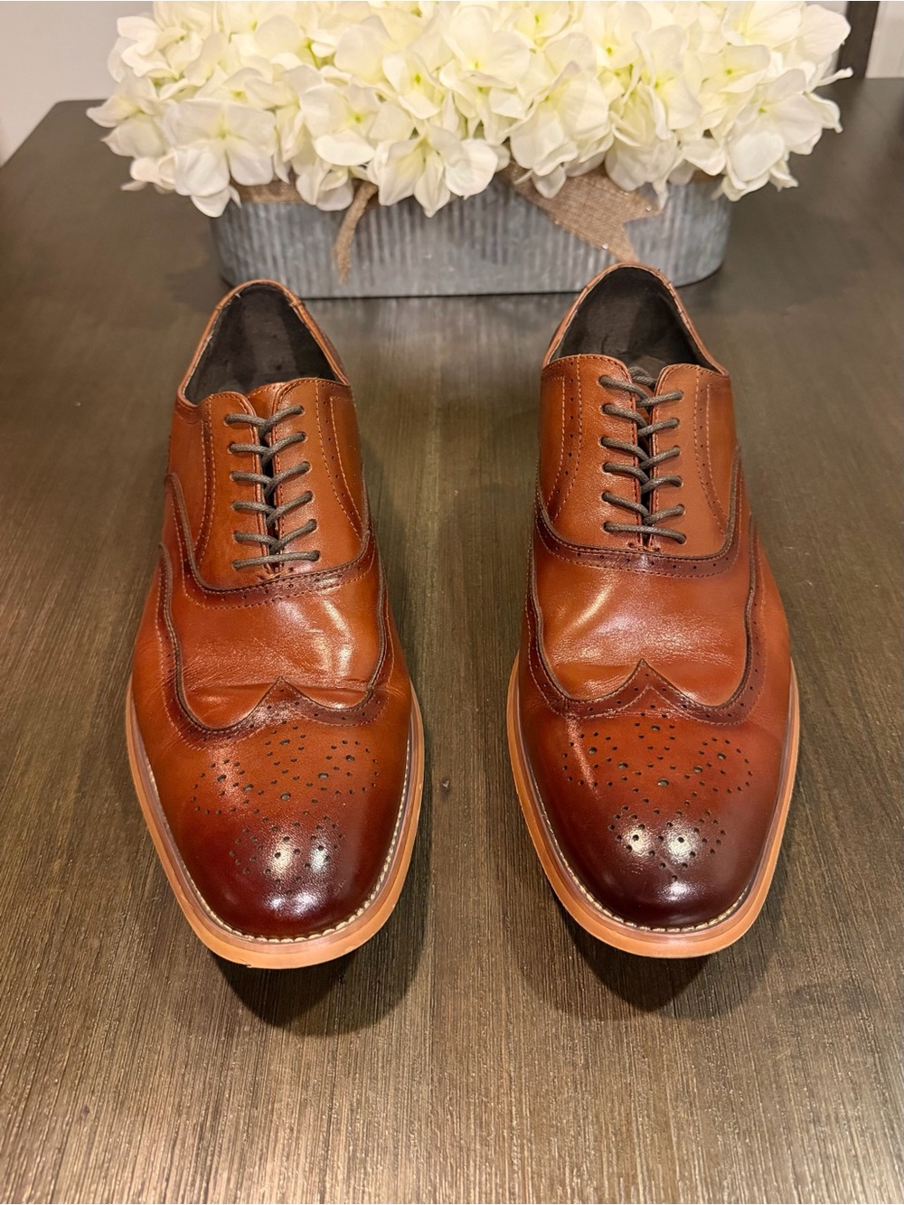 Stacy Adams Men's Dunbar Wingtip Oxford Shoes Cognac Leather 25064-221 Size 12M